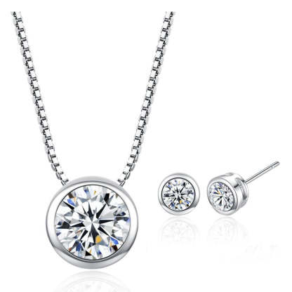 Simple Round Moissanite Diamond Clavicle Chain Necklace & Earrings Set | Mix Mix Style [Hot Seller]-Mix MIx Style