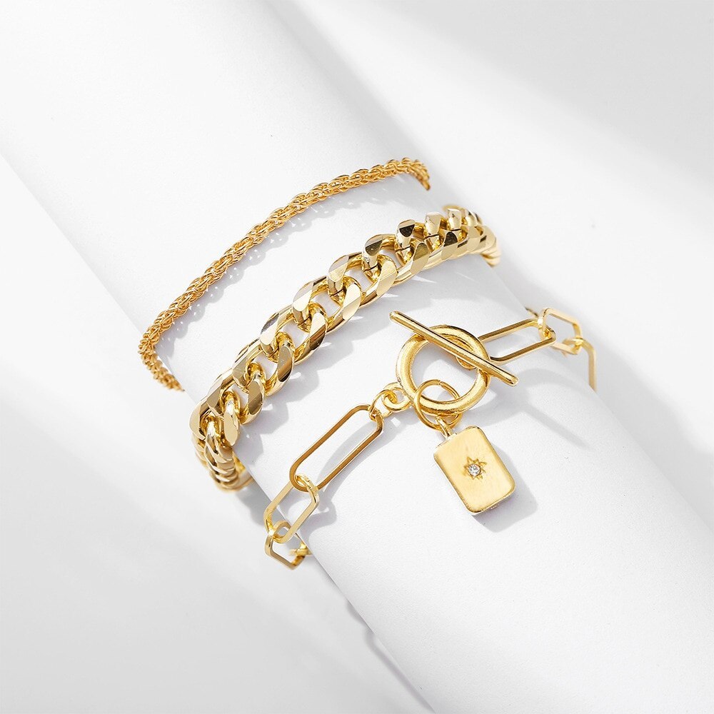 3Pcs Gold Plated Thick Chain Bracelets | Mix Mix Style-Mix MIx Style
