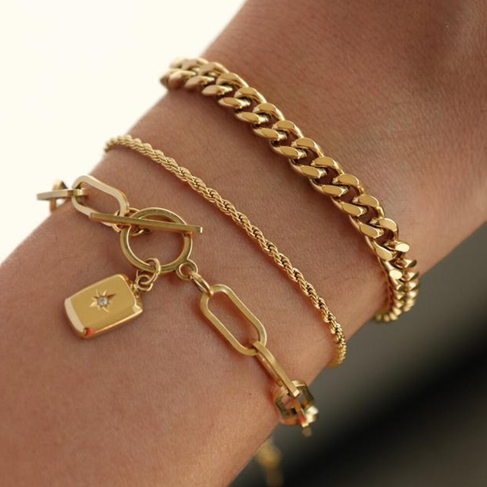 3Pcs Gold Plated Thick Chain Bracelets | Mix Mix Style-Mix MIx Style