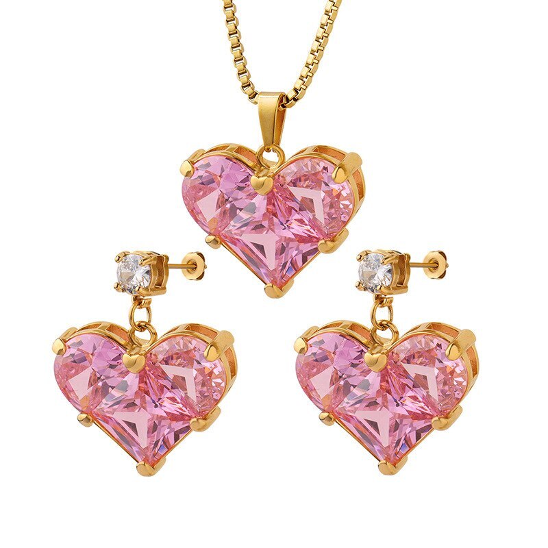 3pcs  Heart-shaped Pink Moissanite Pendant 18k Gold Plated Earrings and Necklace Set | Mix Mix Style-Mix MIx Style