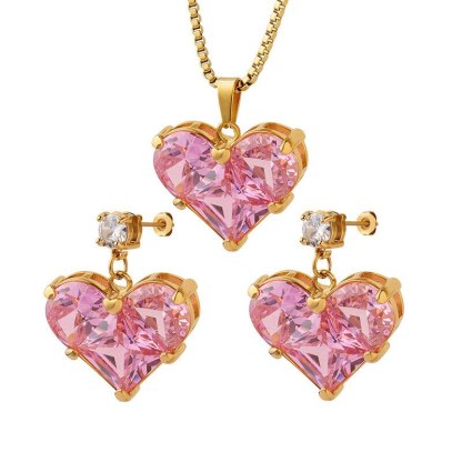 3pcs  Heart-shaped Pink Moissanite Pendant 18k Gold Plated Earrings and Necklace Set | Mix Mix Style-Mix MIx Style