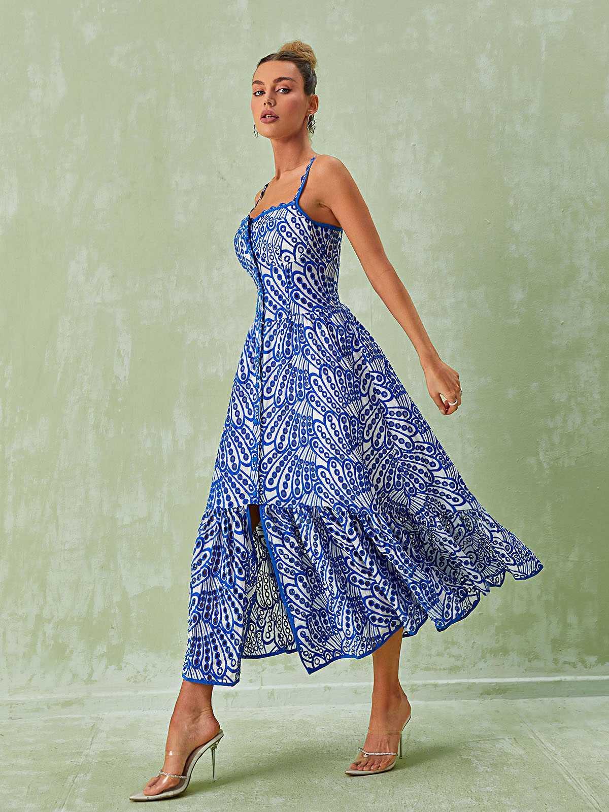Blue Spaghetti Hollow Midi Dress | Mix Mix Style [Hot Seller]-Mix MIx Style