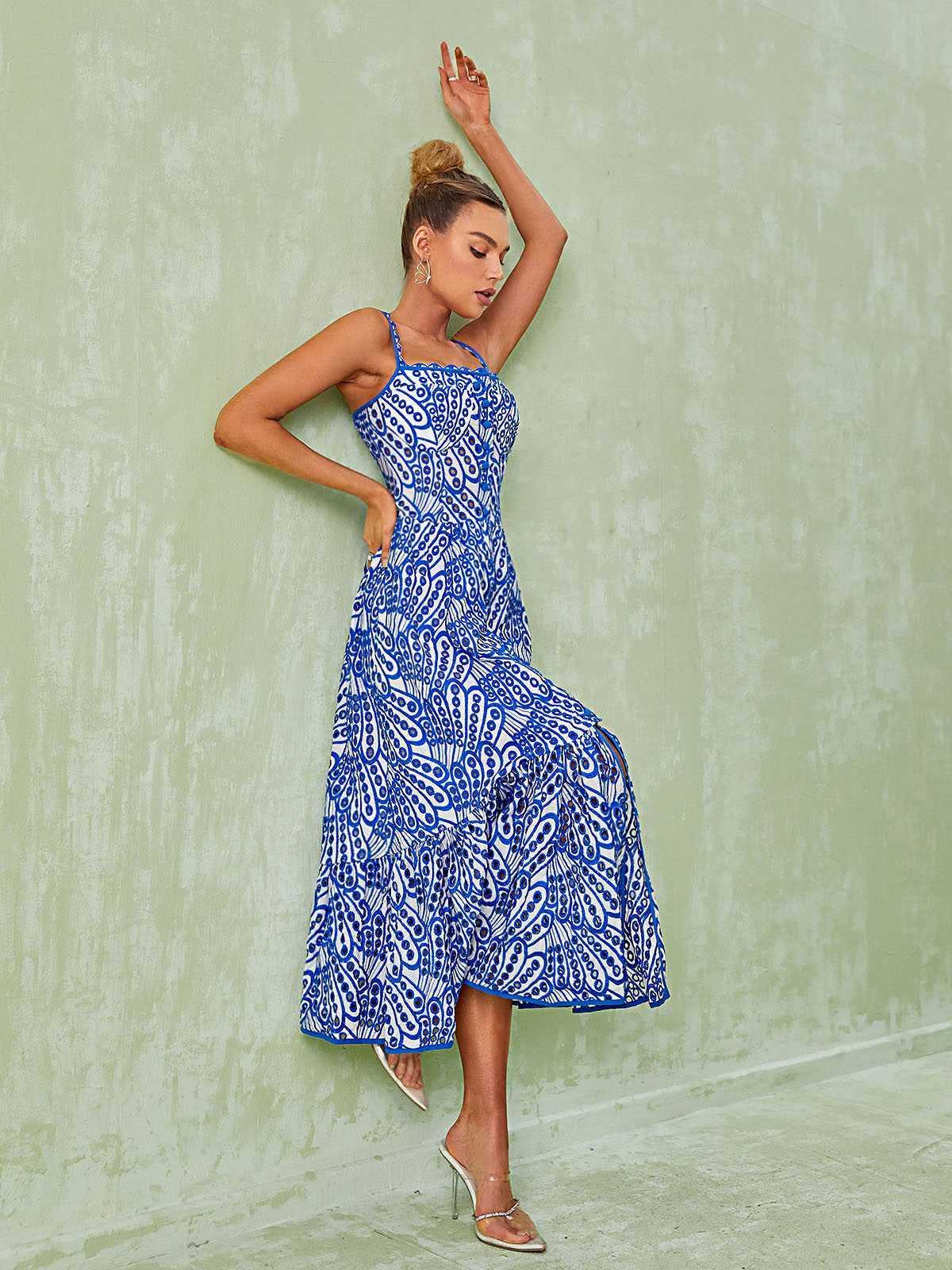 Blue Spaghetti Hollow Midi Dress | Mix Mix Style [Hot Seller]-Mix MIx Style