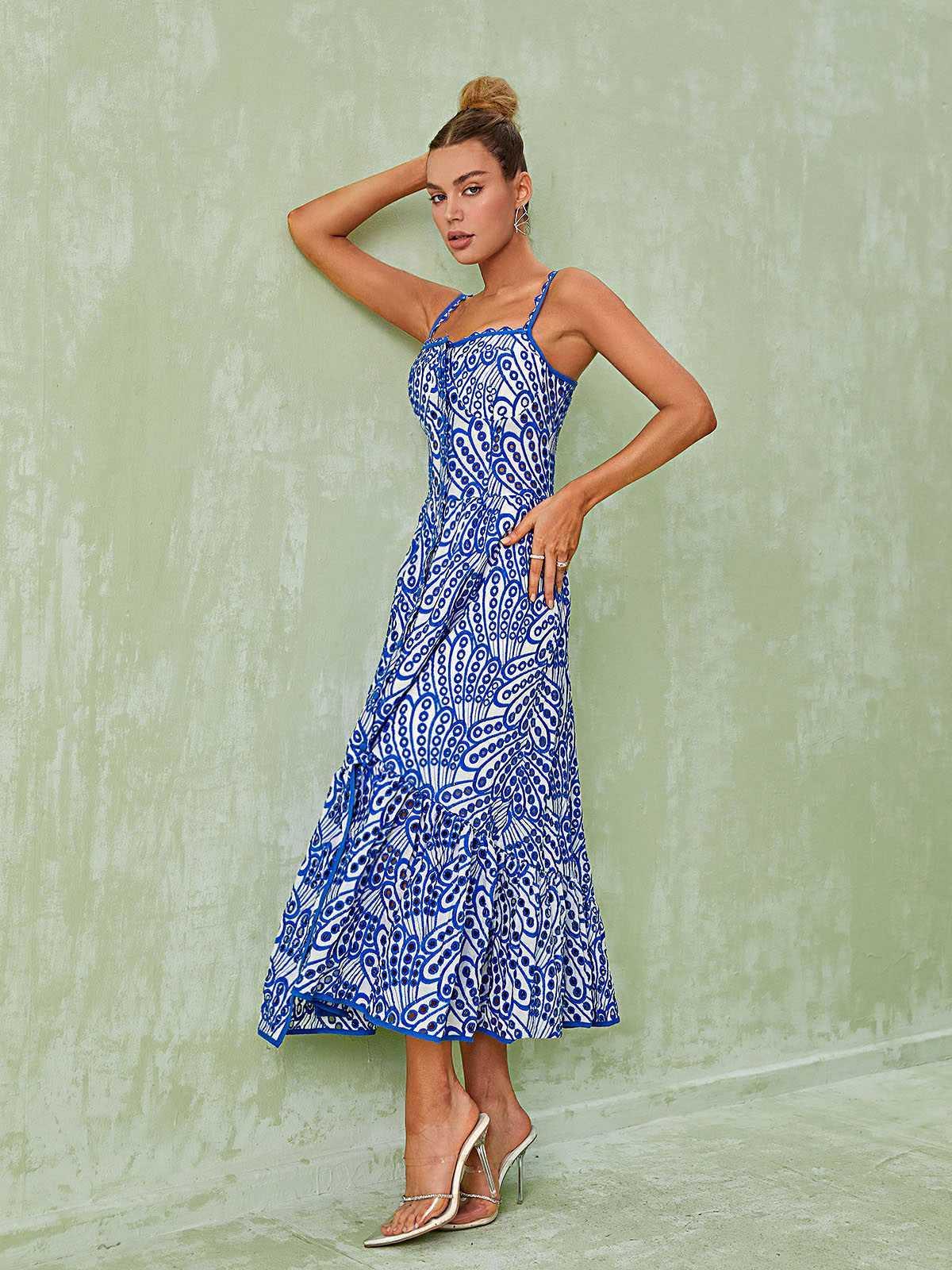 Blue Spaghetti Hollow Midi Dress | Mix Mix Style [Hot Seller]-Mix MIx Style