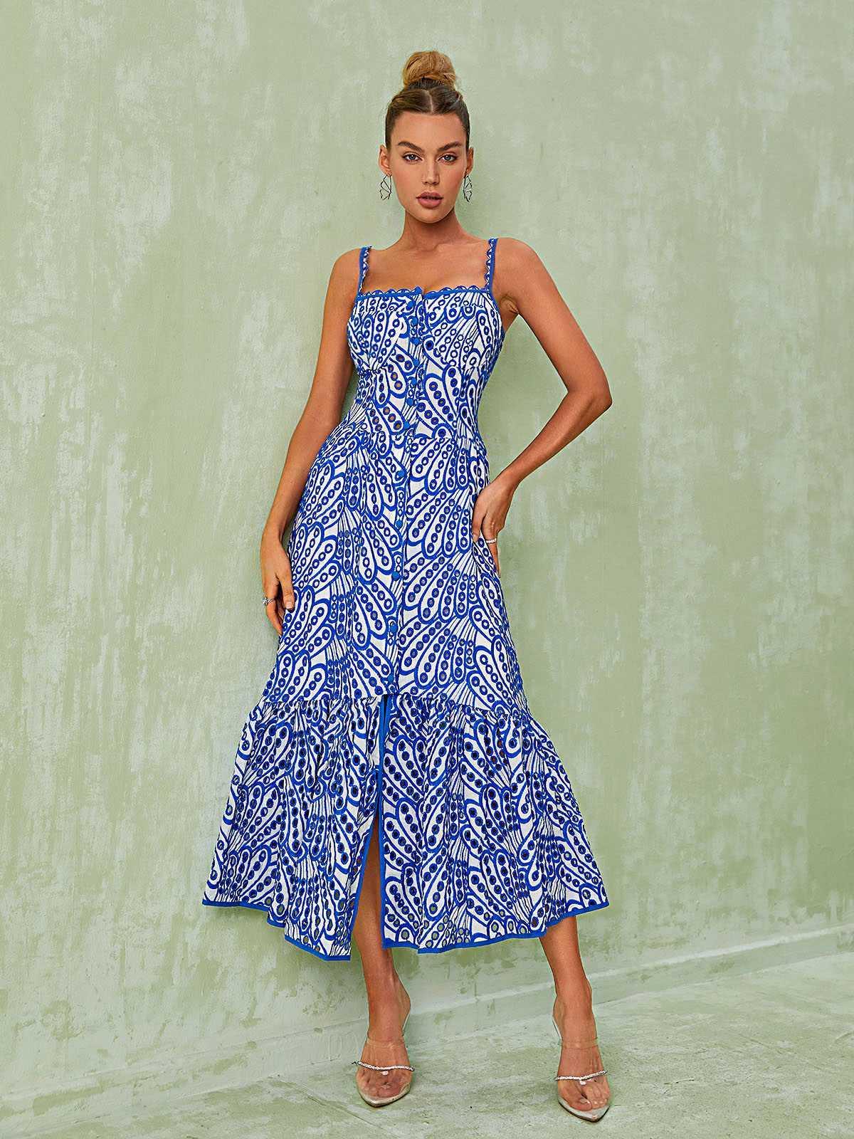 Blue Spaghetti Hollow Midi Dress | Mix Mix Style [Hot Seller]-Mix MIx Style