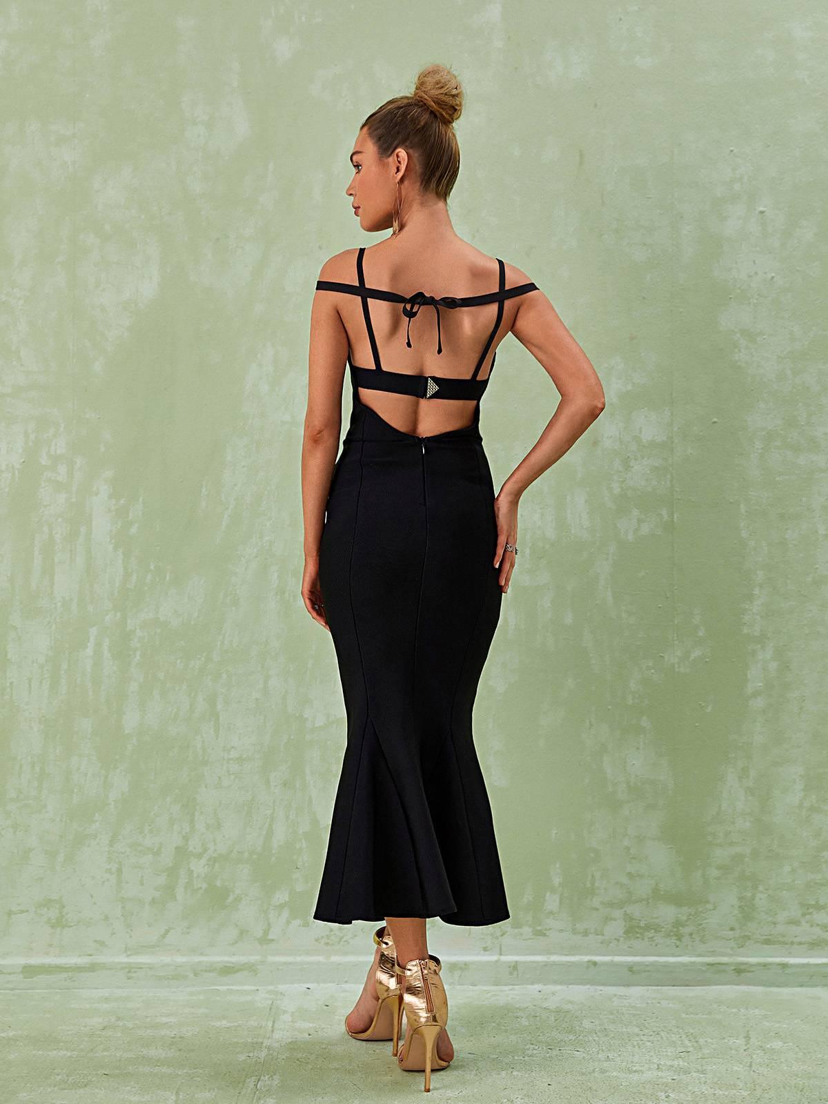 Black Spaghetti Bandage Midi Dress | Mix Mix Style [Hot Seller]-Mix MIx Style