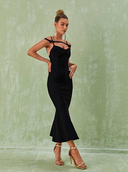 Black Spaghetti Bandage Midi Dress | Mix Mix Style [Hot Seller]-Mix MIx Style