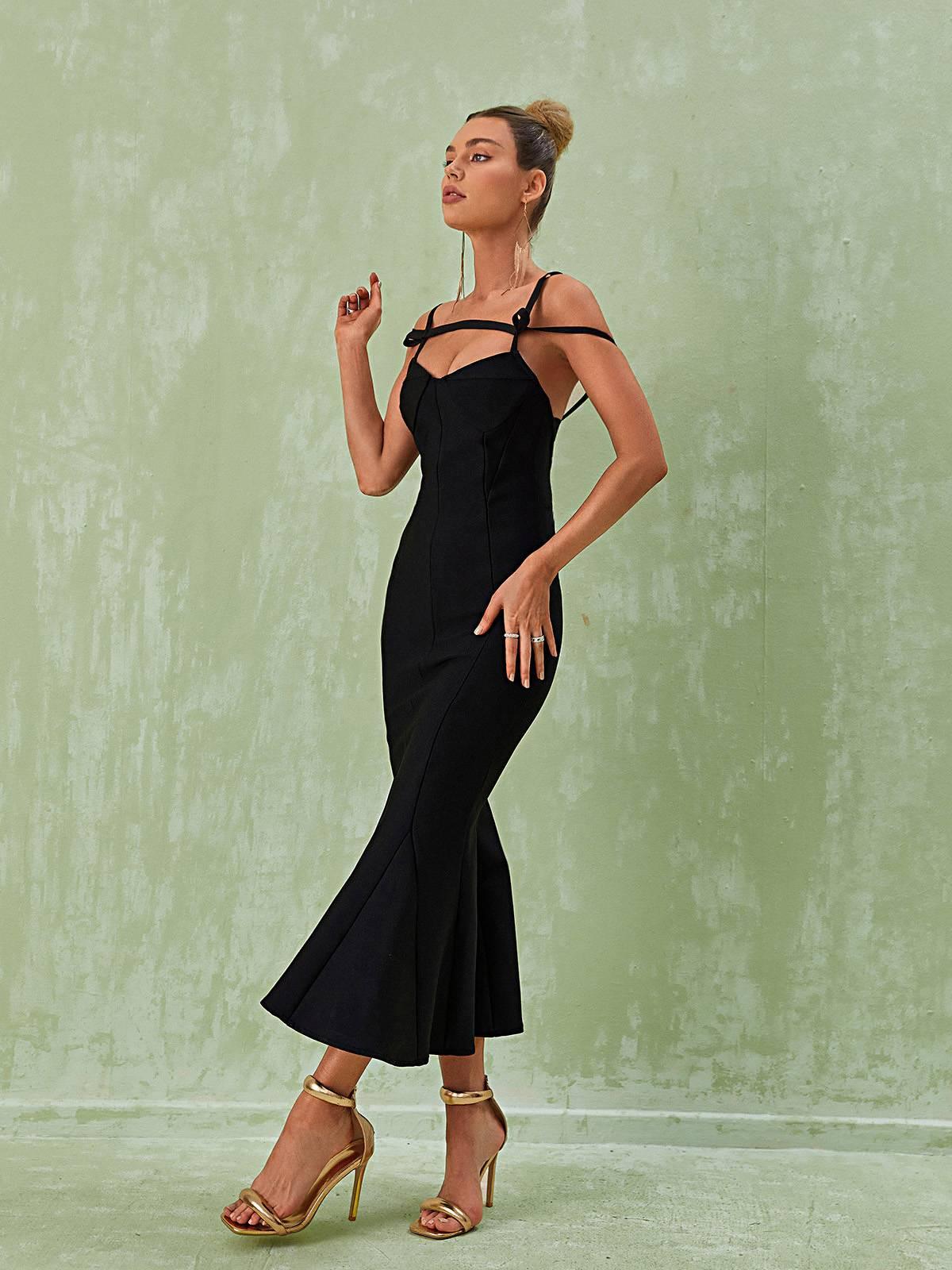 Black Spaghetti Bandage Midi Dress | Mix Mix Style [Hot Seller]-Mix MIx Style
