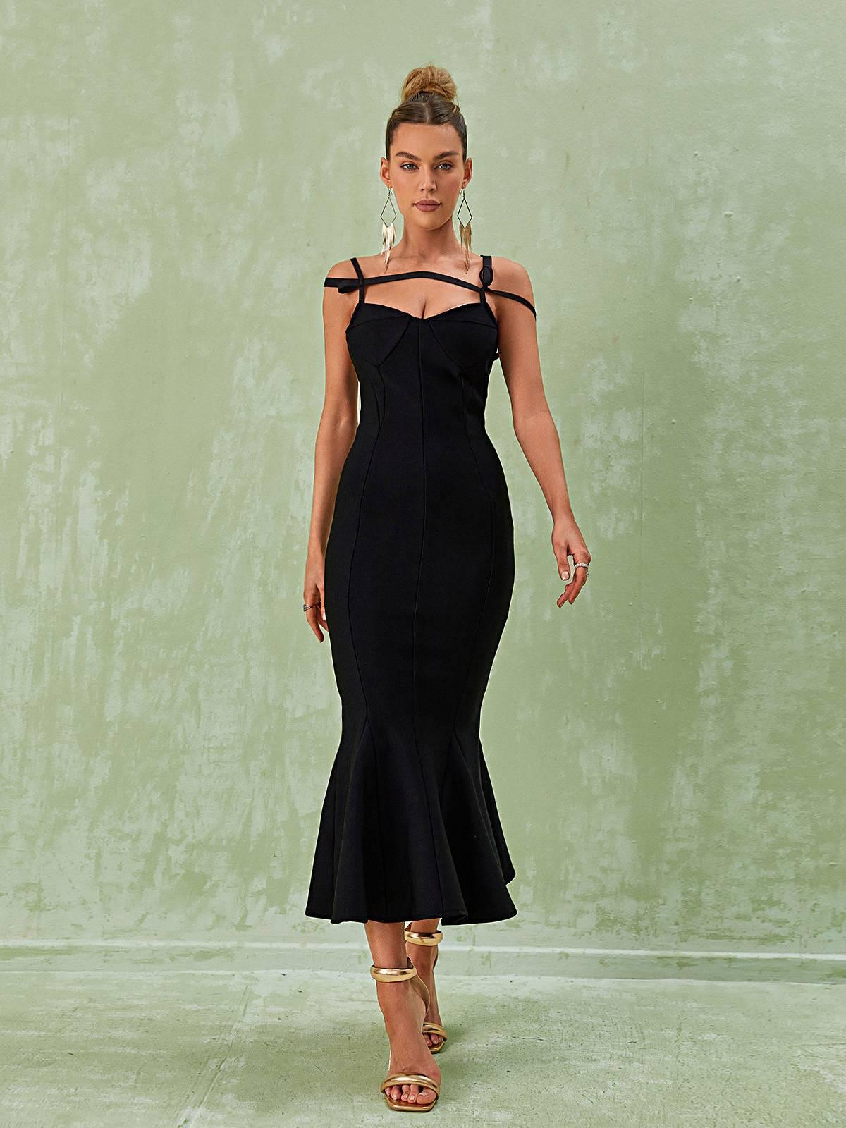 Black Spaghetti Bandage Midi Dress | Mix Mix Style [Hot Seller]-Mix MIx Style