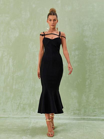 Black Spaghetti Bandage Midi Dress | Mix Mix Style [Hot Seller]-Mix MIx Style