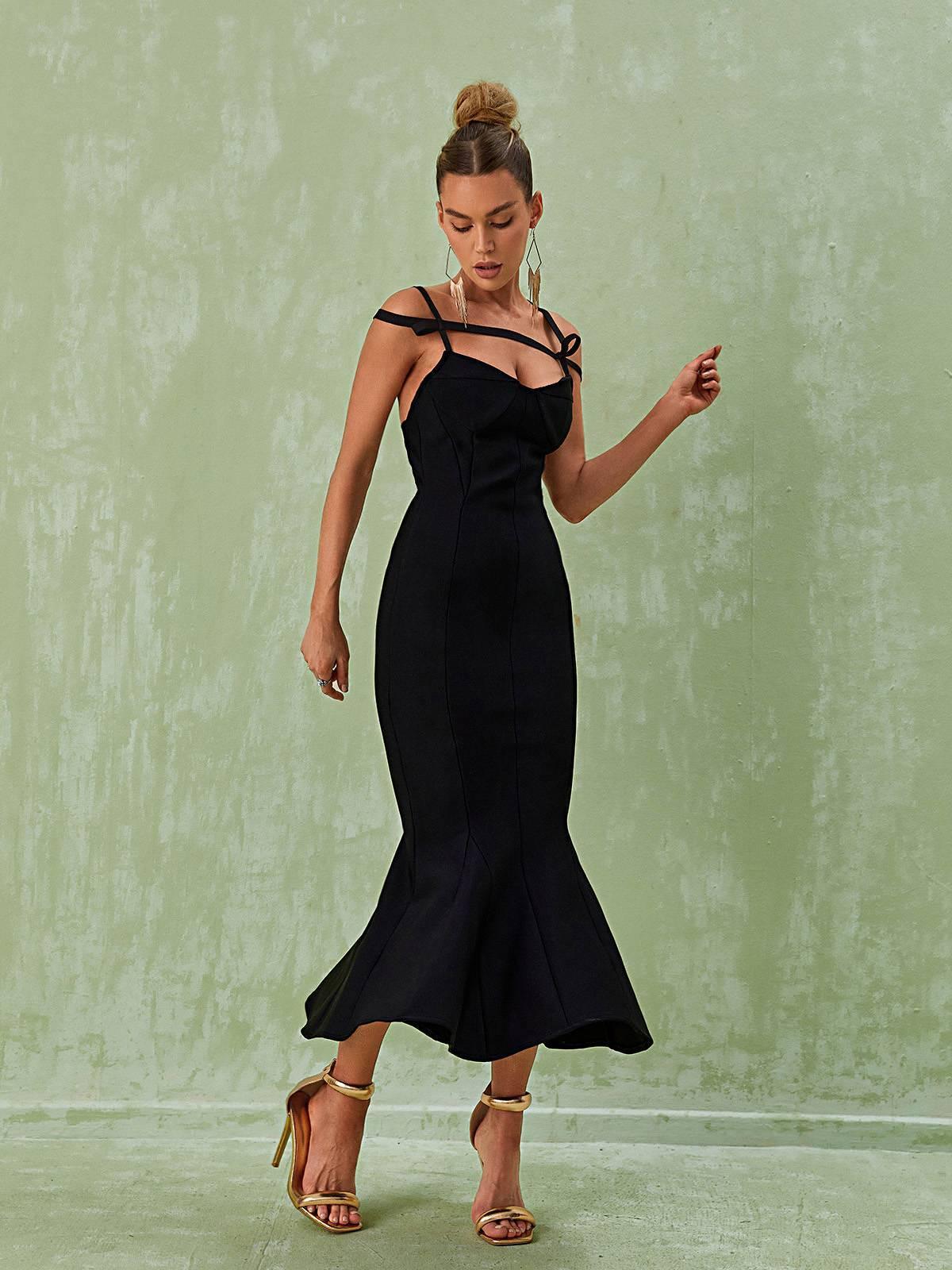 Black Spaghetti Bandage Midi Dress | Mix Mix Style [Hot Seller]-Mix MIx Style