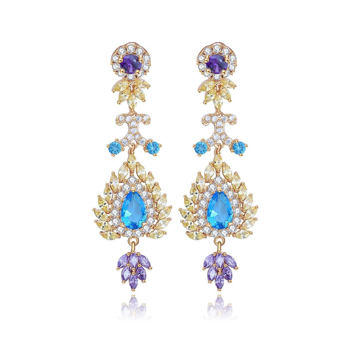 Blue & Purple Dazzling Pear Moissanite Diamonds Luxury 18k Vermeil Gold Plated Vintage Retro Drop Earrings | Mix Mix Style-Mix MIx Style