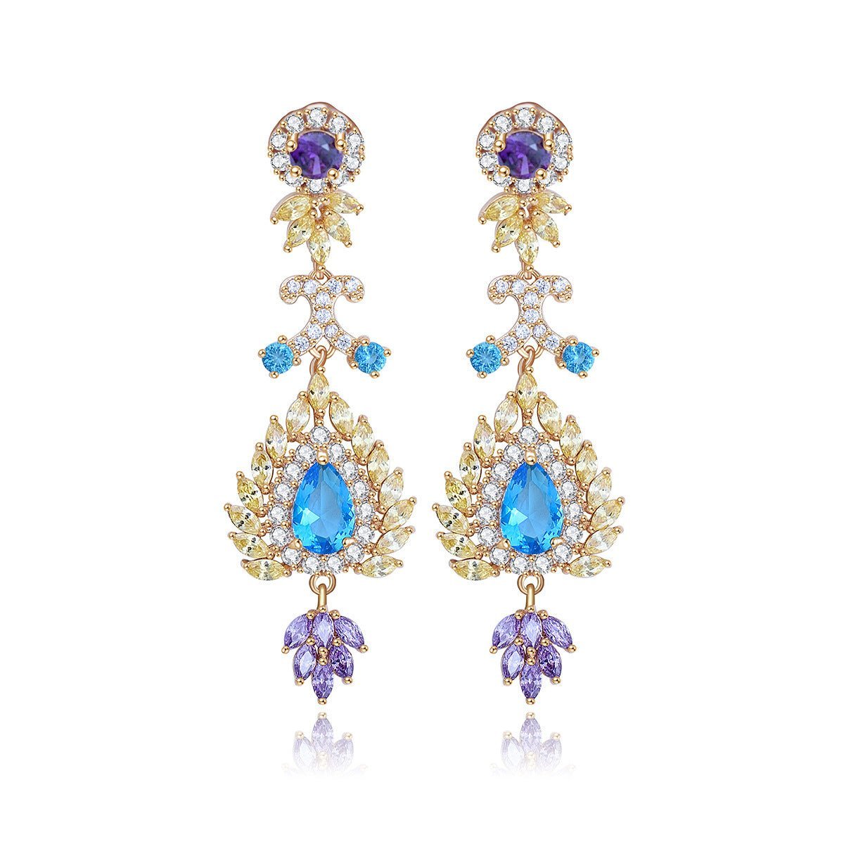 Blue & Purple Dazzling Pear Moissanite Diamonds Luxury 18k Vermeil Gold Plated Vintage Retro Drop Earrings | Mix Mix Style-Mix MIx Style