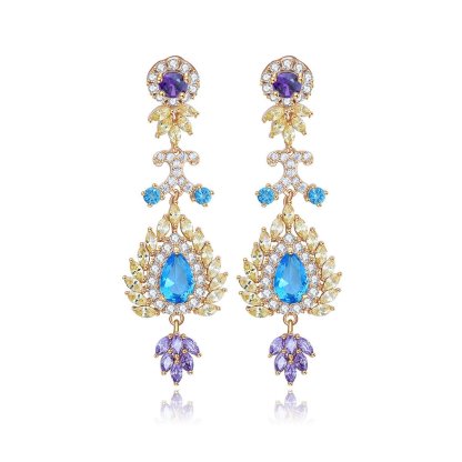 Blue & Purple Dazzling Pear Moissanite Diamonds Luxury 18k Vermeil Gold Plated Vintage Retro Drop Earrings | Mix Mix Style-Mix MIx Style