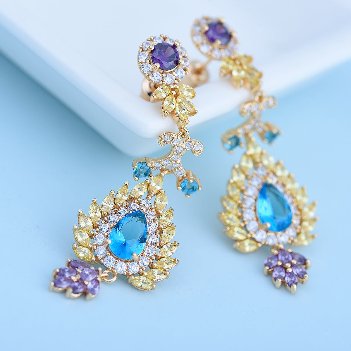 Blue & Purple Dazzling Pear Moissanite Diamonds Luxury 18k Vermeil Gold Plated Vintage Retro Drop Earrings | Mix Mix Style-Mix MIx Style
