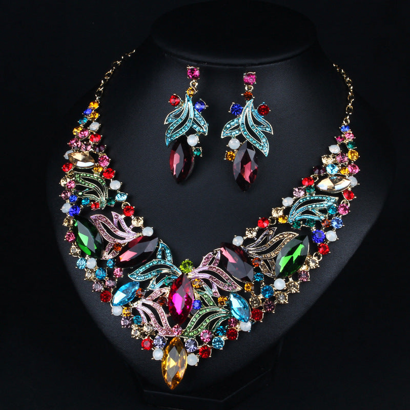 Multicolor Retro Embellished Full Diamonds Luxury 18k Gold Plated Necklace & Drop Earrings Jewelry Set | Mix Mix Style-Mix MIx Style