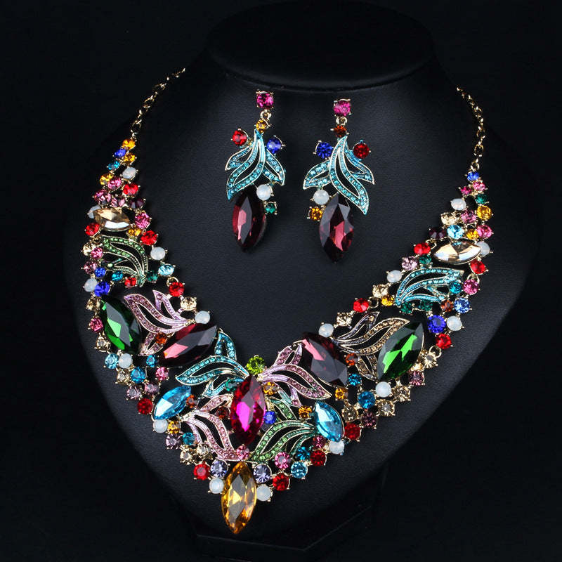 Multicolor Retro Embellished Full Diamonds Luxury 18k Gold Plated Necklace & Drop Earrings Jewelry Set | Mix Mix Style-Mix MIx Style