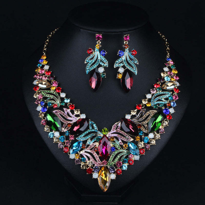 Multicolor Retro Embellished Full Diamonds Luxury 18k Gold Plated Necklace & Drop Earrings Jewelry Set | Mix Mix Style-Mix MIx Style