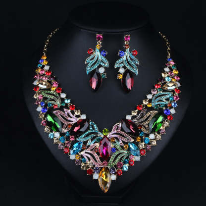 Multicolor Retro Embellished Full Diamonds Luxury 18k Gold Plated Necklace & Drop Earrings Jewelry Set | Mix Mix Style-Mix MIx Style