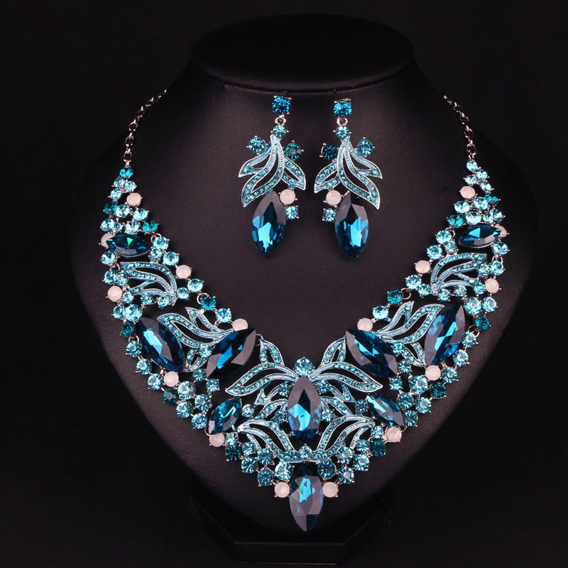 Multicolor Retro Embellished Full Diamonds Luxury 18k Gold Plated Necklace & Drop Earrings Jewelry Set | Mix Mix Style-Mix MIx Style