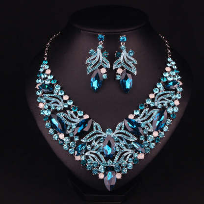 Multicolor Retro Embellished Full Diamonds Luxury 18k Gold Plated Necklace & Drop Earrings Jewelry Set | Mix Mix Style-Mix MIx Style