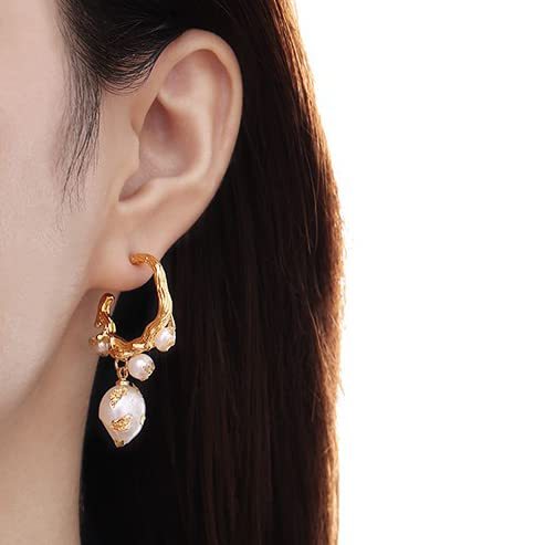 Fluidable Irregular 18K Gold Plated Akoya Pearl, Half Hoop Dangle Drop Earrings | Mix Mix Style [Hot Seller]-Mix MIx Style