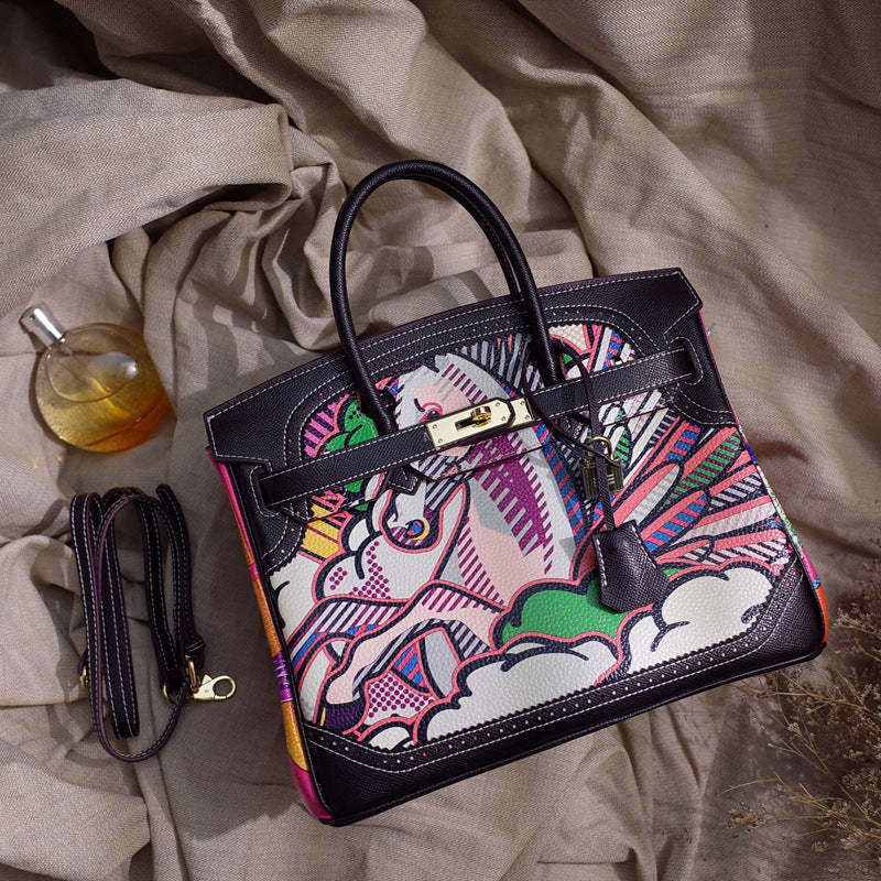 New funny cartoon graffiti genuine leather platinum bag contrast color women's handbag large fashion shoulder crossbody bag wholesale-Mix MIx Style