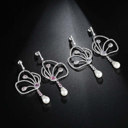 Jinse Large Butterfly Earrings Copper Inlaid Colored Zircon Earrings New European and American Fashion Pearl Ear Jewelry Manufacturer-Mix MIx Style