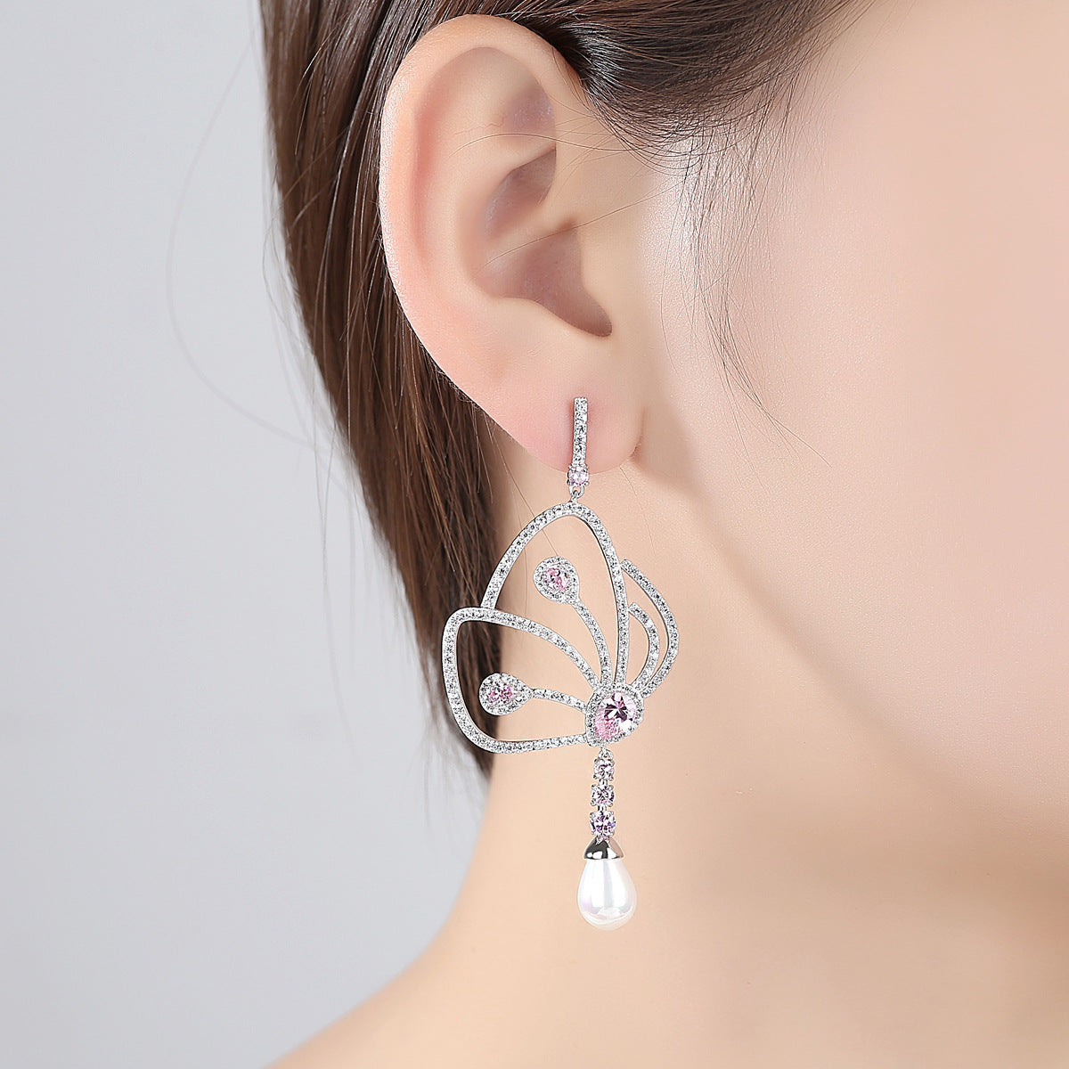 Jinse Large Butterfly Earrings Copper Inlaid Colored Zircon Earrings New European and American Fashion Pearl Ear Jewelry Manufacturer-Mix MIx Style