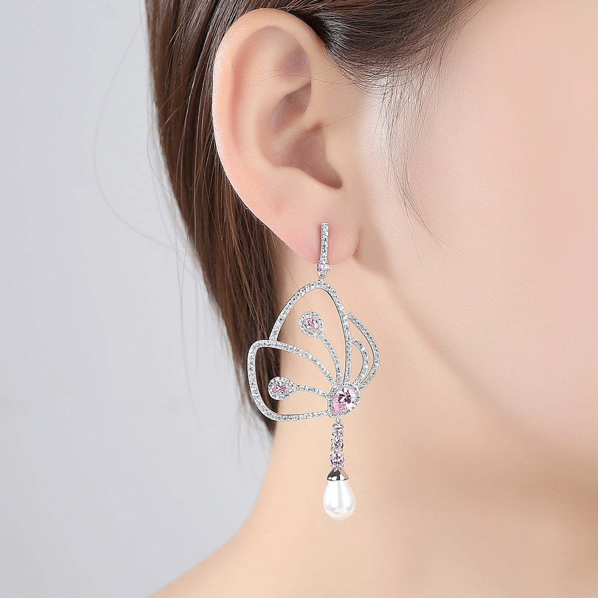 Jinse Large Butterfly Earrings Copper Inlaid Colored Zircon Earrings New European and American Fashion Pearl Ear Jewelry Manufacturer-Mix MIx Style