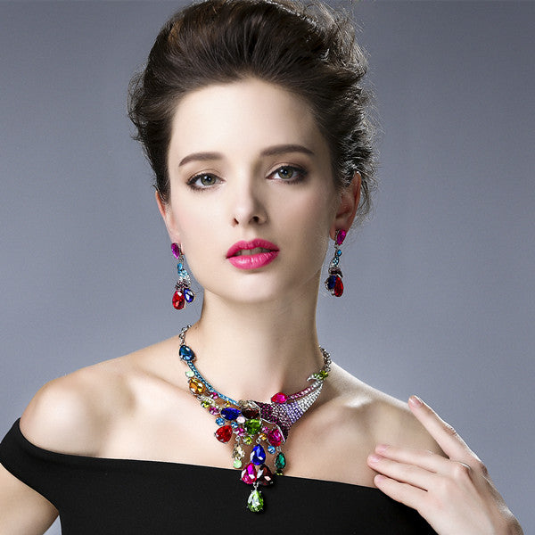 Colorful Diamonds Peacock Necklace Vintage Choker Jewelry Set | Mix Mix Style [Hot Seller]-Mix MIx Style