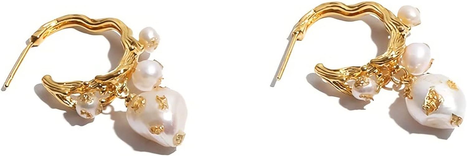 Fluidable Irregular 18K Gold Plated Akoya Pearl, Half Hoop Dangle Drop Earrings | Mix Mix Style [Hot Seller]-Mix MIx Style