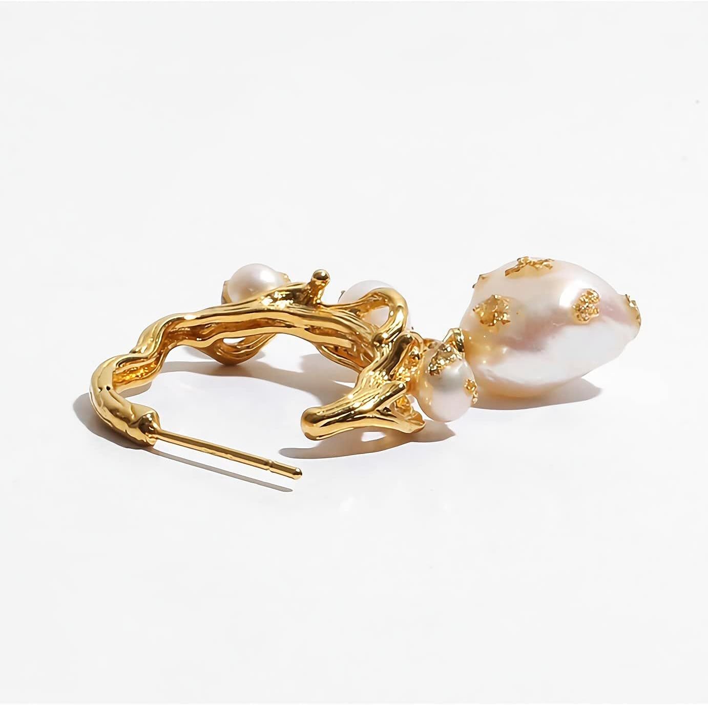 Fluidable Irregular 18K Gold Plated Akoya Pearl, Half Hoop Dangle Drop Earrings | Mix Mix Style [Hot Seller]-Mix MIx Style