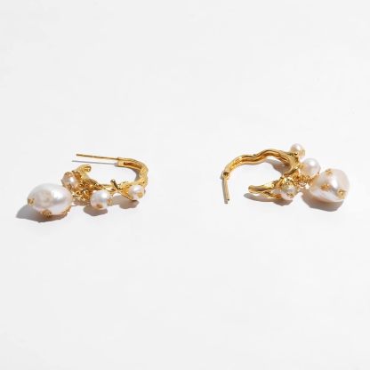 Fluidable Irregular 18K Gold Plated Akoya Pearl, Half Hoop Dangle Drop Earrings | Mix Mix Style [Hot Seller]-Mix MIx Style