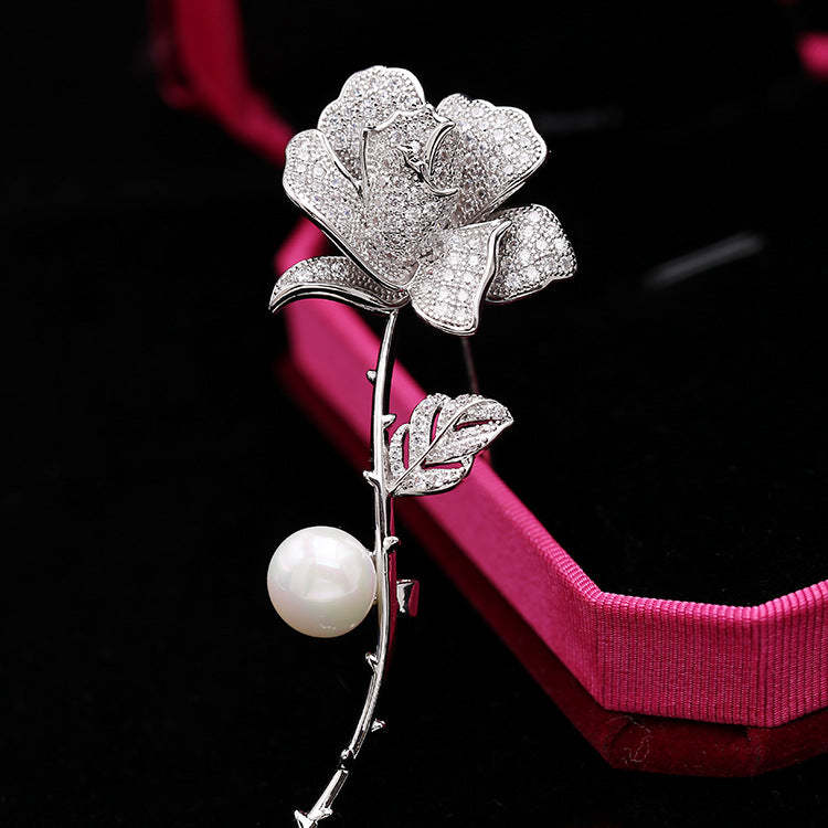 High-end fashion pearl brooch copper inlaid zircon camellia men's and 