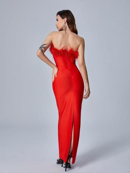 Mina Strapless Feather Trimmed Bandage Dress In Red-Mix MIx Style