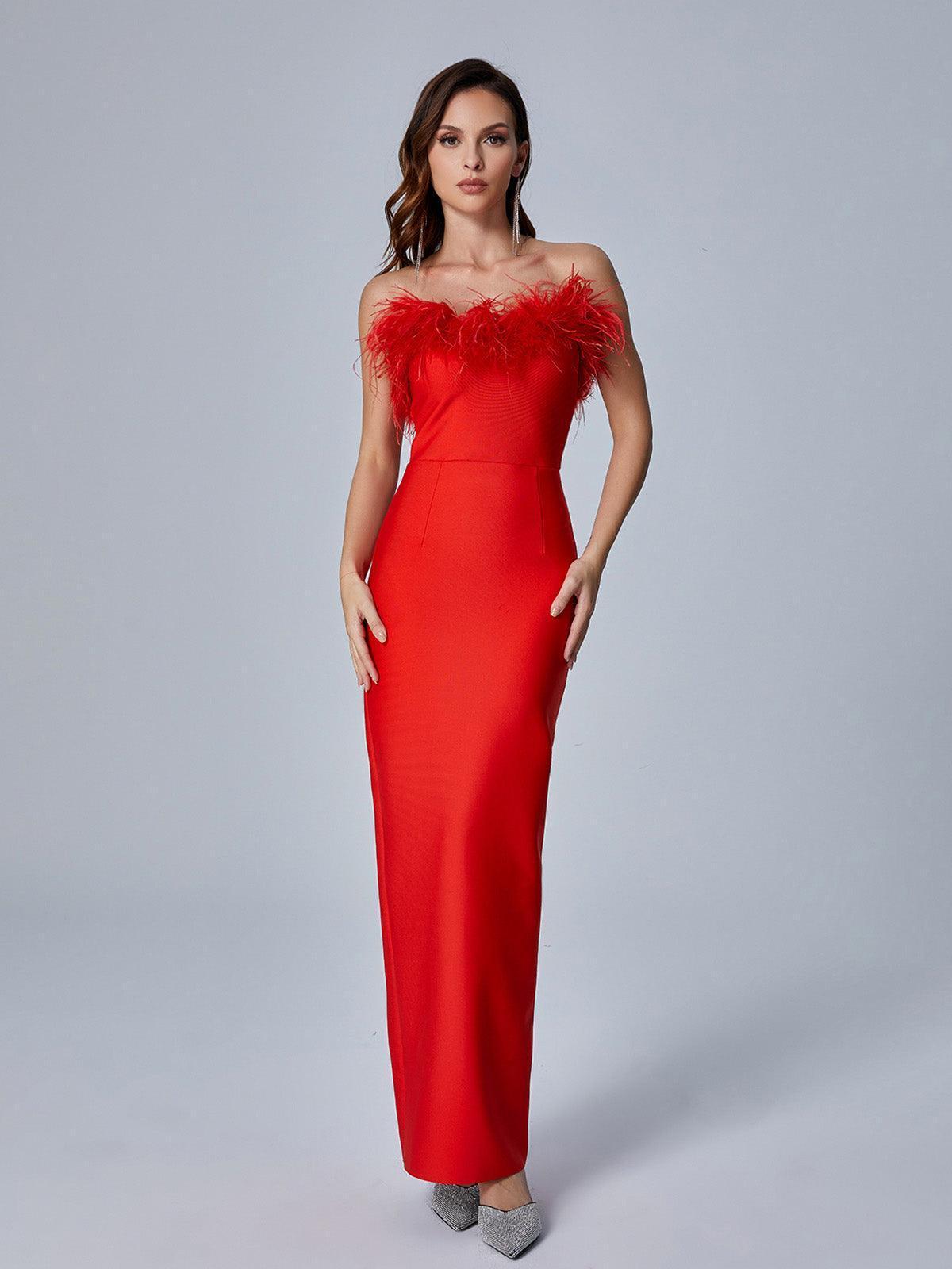 Mina Strapless Feather Trimmed Bandage Dress In Red-Mix MIx Style