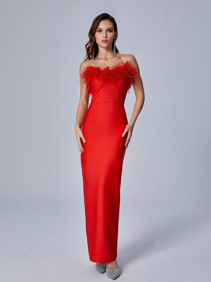 Mina Strapless Feather Trimmed Bandage Dress In Red-Mix MIx Style
