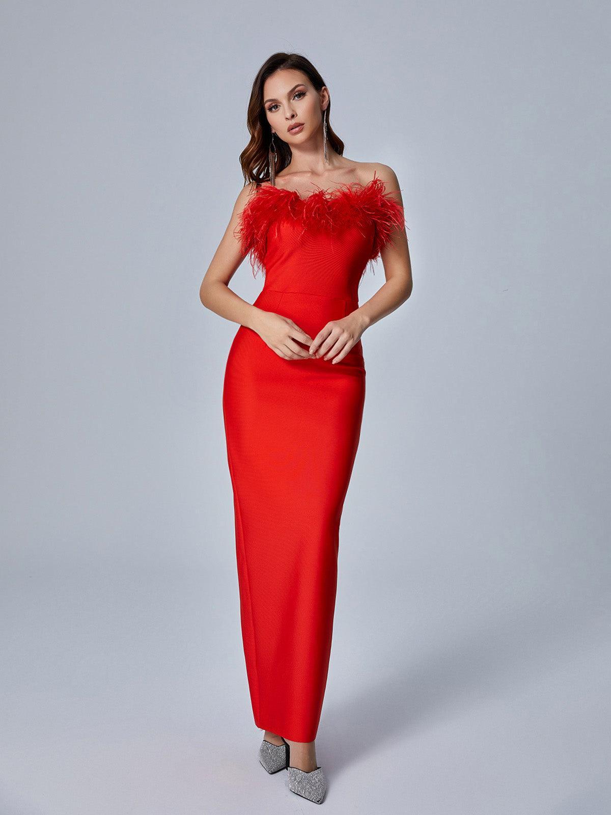 Mina Strapless Feather Trimmed Bandage Dress In Red-Mix MIx Style