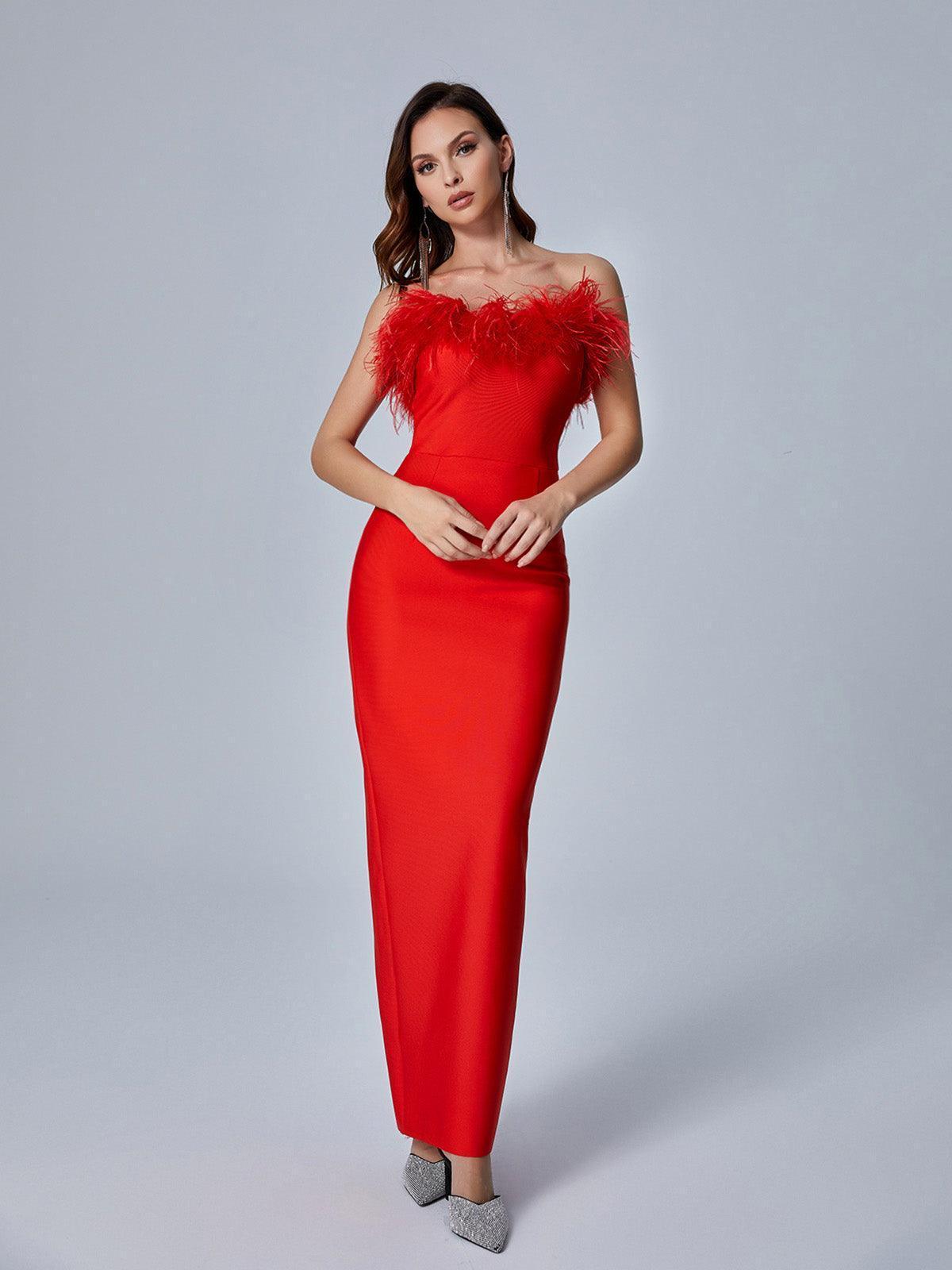 Mina Strapless Feather Trimmed Bandage Dress In Red-Mix MIx Style