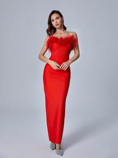 Mina Strapless Feather Trimmed Bandage Dress In Red-Mix MIx Style