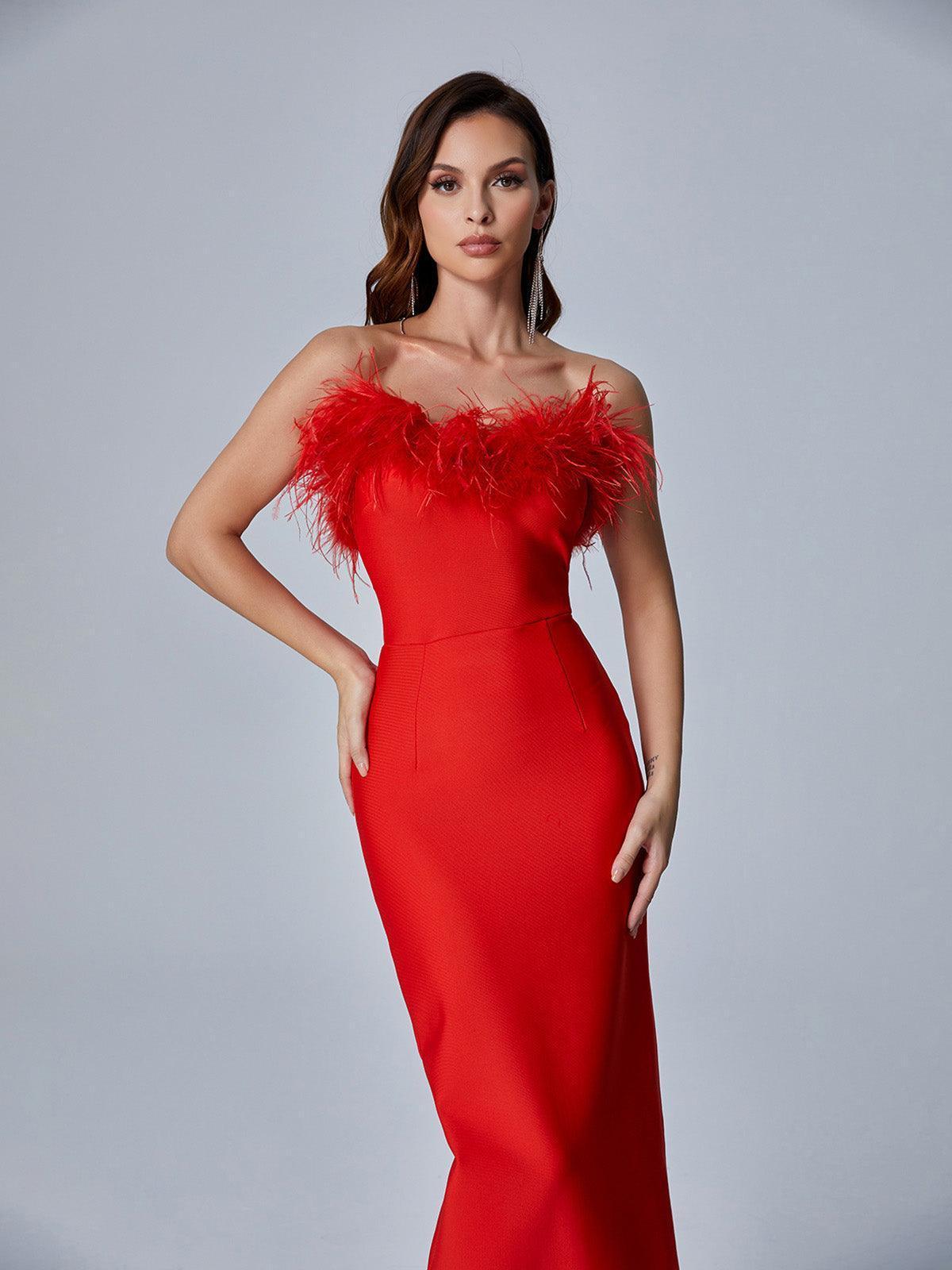 Mina Strapless Feather Trimmed Bandage Dress In Red-Mix MIx Style