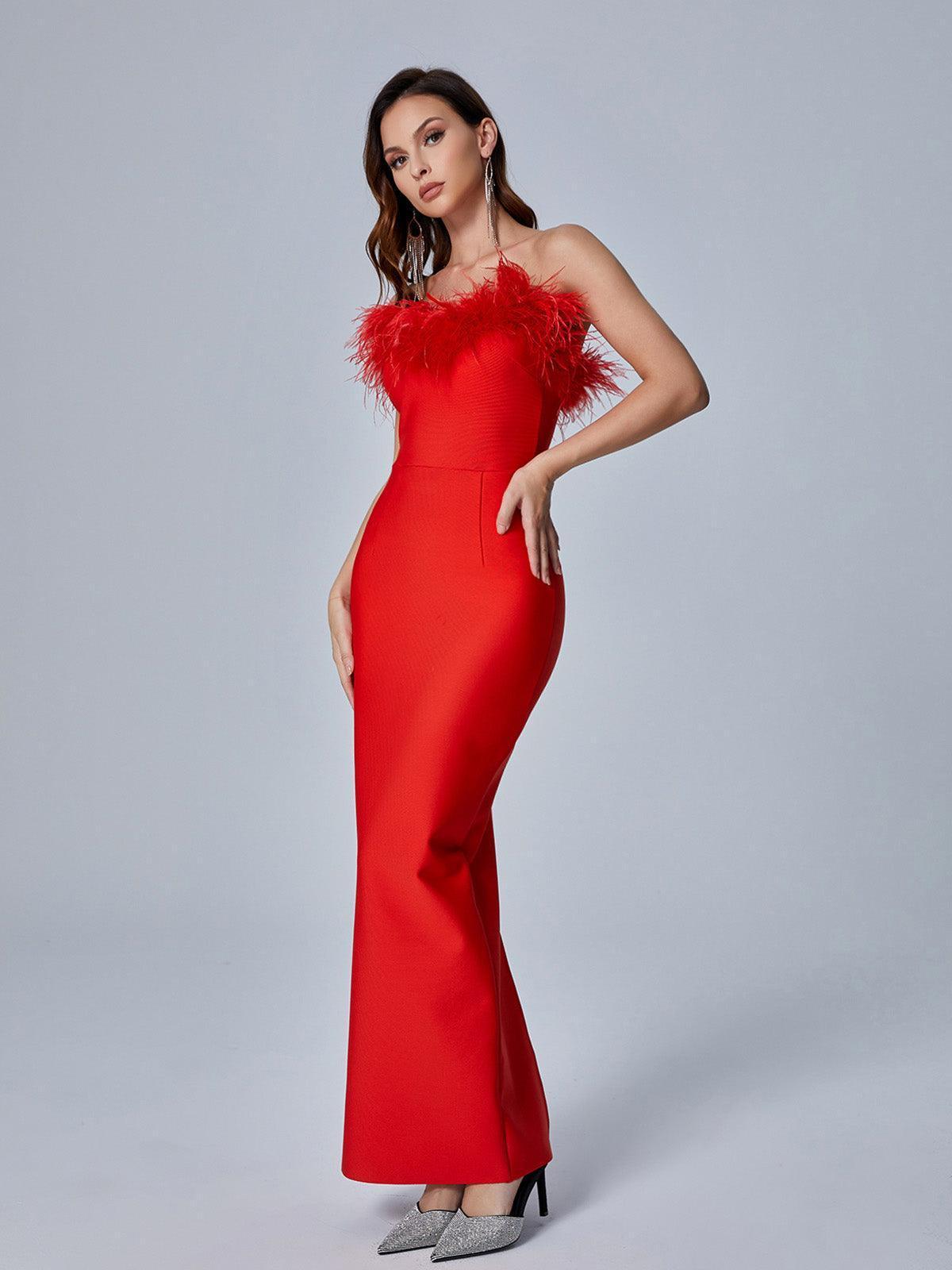 Mina Strapless Feather Trimmed Bandage Dress In Red-Mix MIx Style