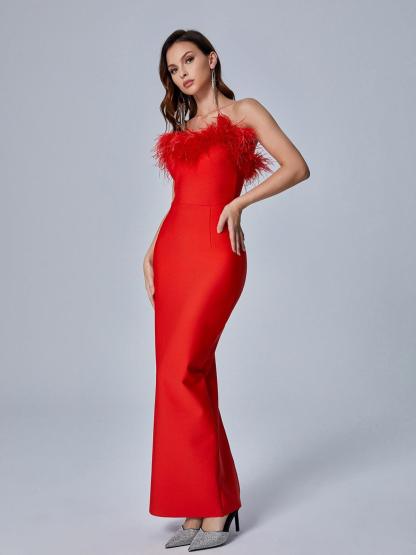 Mina Strapless Feather Trimmed Bandage Dress In Red-Mix MIx Style