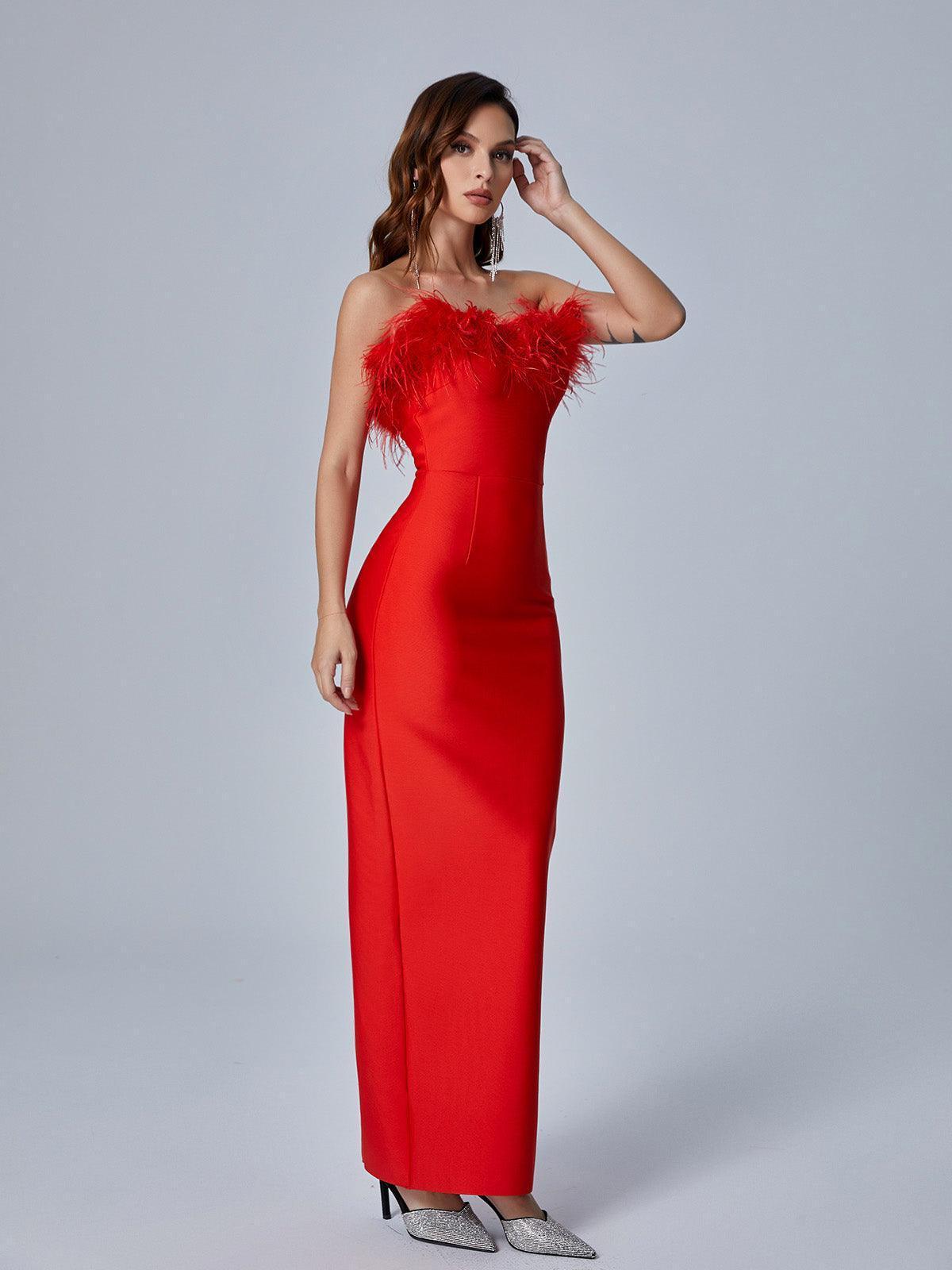 Mina Strapless Feather Trimmed Bandage Dress In Red-Mix MIx Style