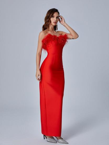 Mina Strapless Feather Trimmed Bandage Dress In Red-Mix MIx Style