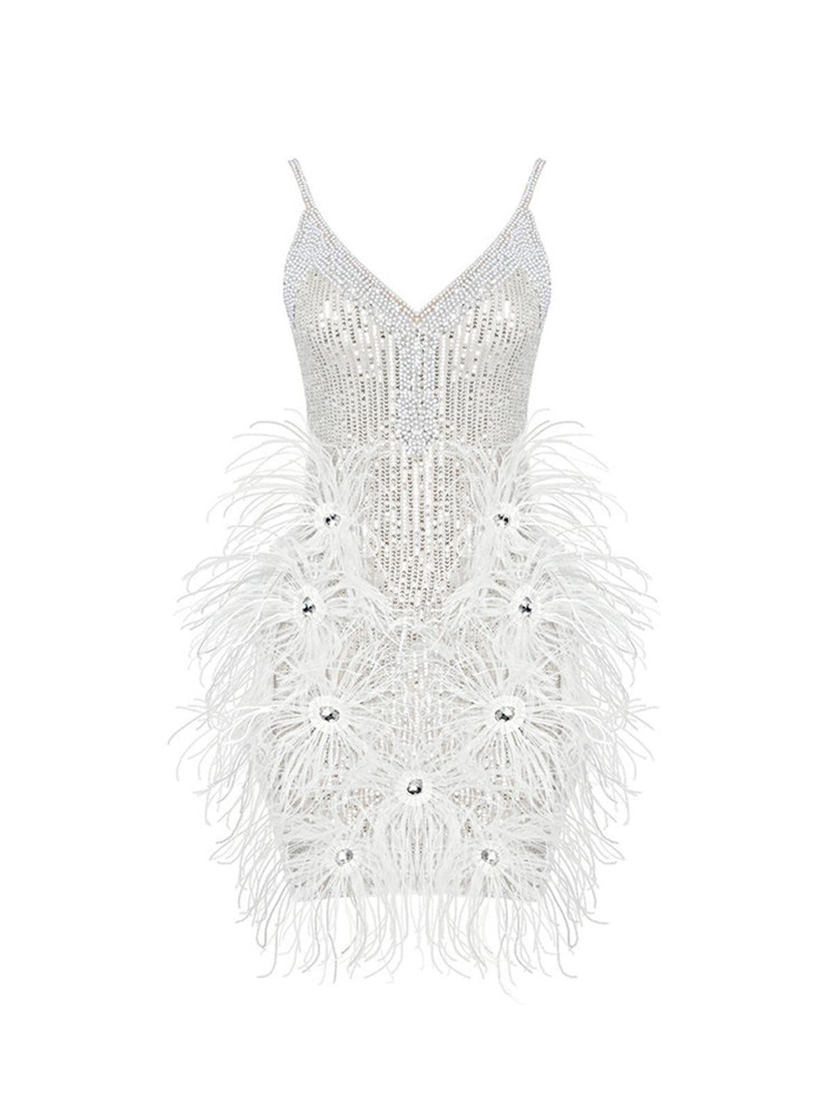 White Pearl Sequin Feather Mini Dress | Mix Mix Style [Hot Seller]-Mix MIx Style