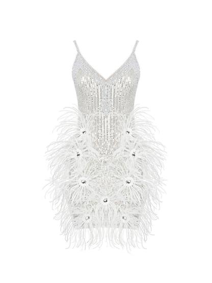 White Pearl Sequin Feather Mini Dress | Mix Mix Style [Hot Seller]-Mix MIx Style