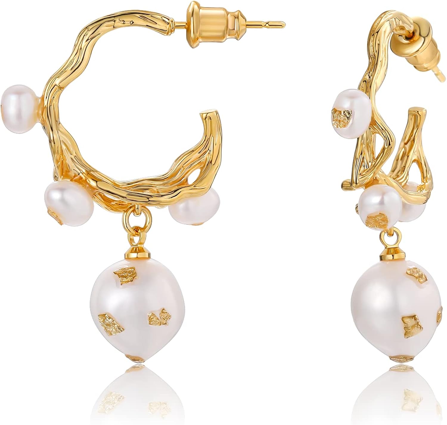 Fluidable Irregular 18K Gold Plated Akoya Pearl, Half Hoop Dangle Drop Earrings | Mix Mix Style [Hot Seller]-Mix MIx Style