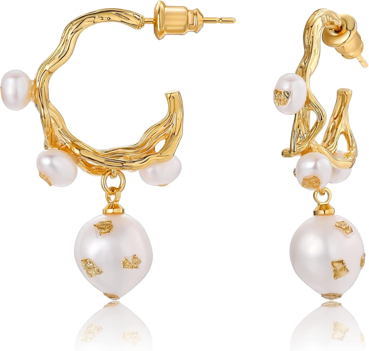 Fluidable Irregular 18K Gold Plated Akoya Pearl, Half Hoop Dangle Drop Earrings | Mix Mix Style [Hot Seller]-Mix MIx Style